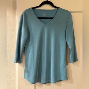 SEGMENTS Essentials for Women Blue V Neck 3/4 Sleeve Textured Knit Tencel Small
